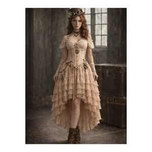 Belle Poque Amelia Steampunk Drawstring High Low Ruffled Lace Skirt L